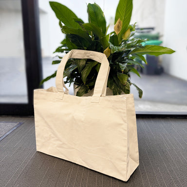 Canvas Beach Bag next to plant