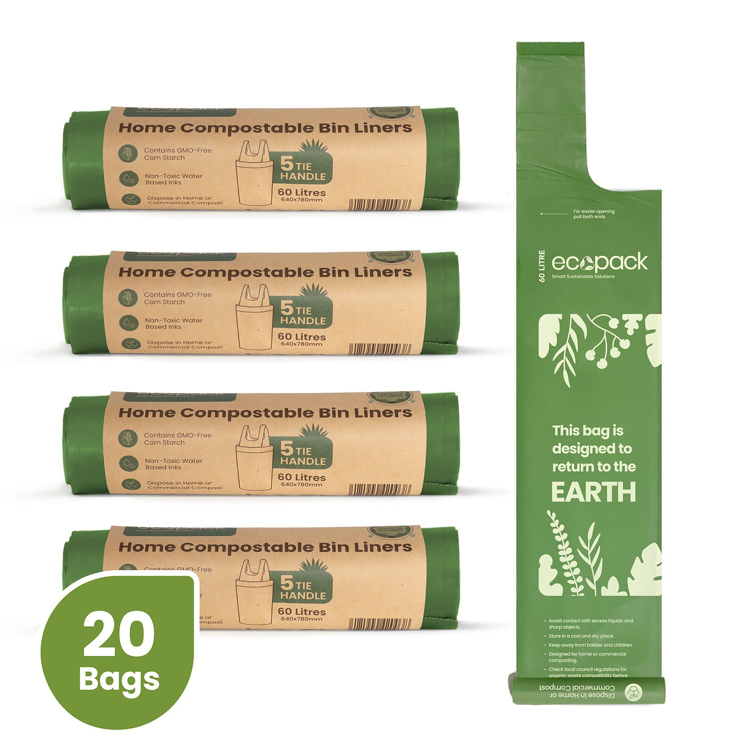 Ecopack 4 Rolls 60L Compostable Bin Liners Bundle