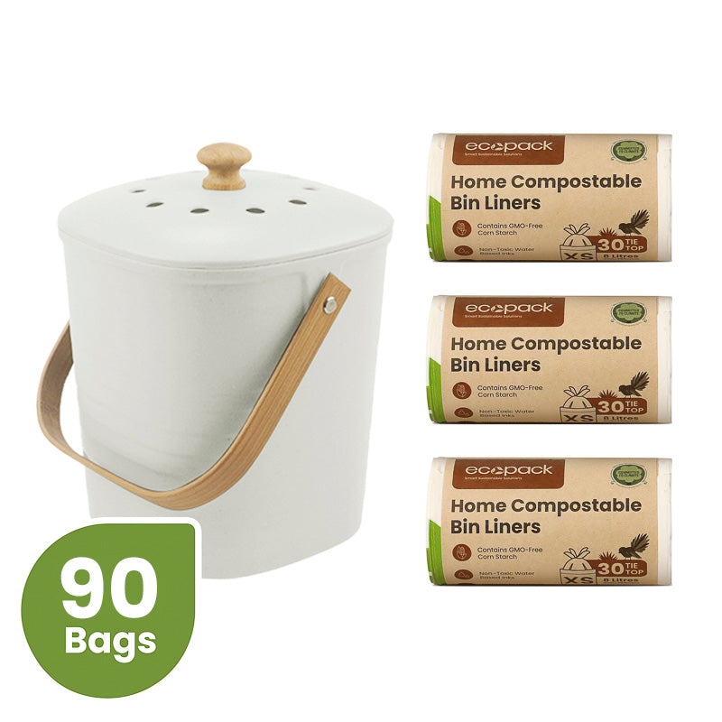 Ecopack Compost Bin Set: Kitchen Compost Bin + 8L Compostable Bin Liners (3 Rolls/90 Bags)