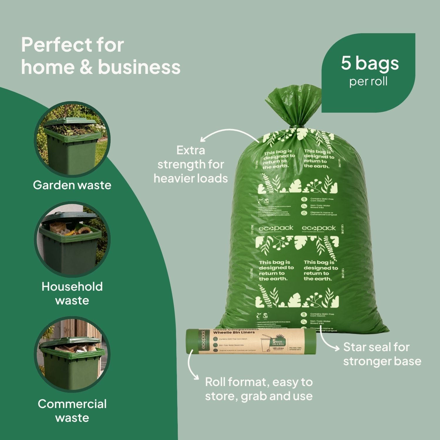 Ecopack 120L Compostable Wheelie Bin Liners Features
