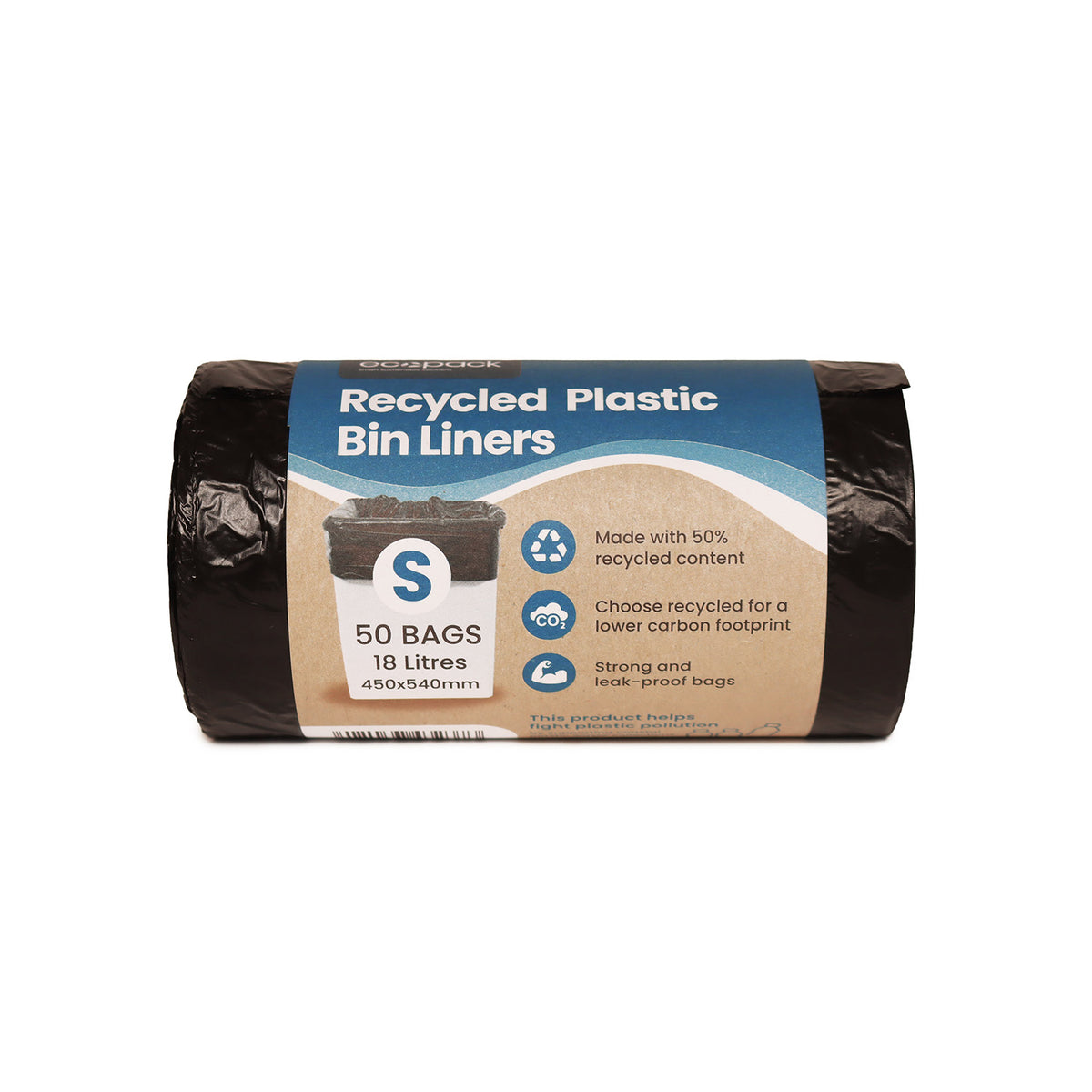 Horizontal roll of 18L black recycled plastic bin liners by Ecopack