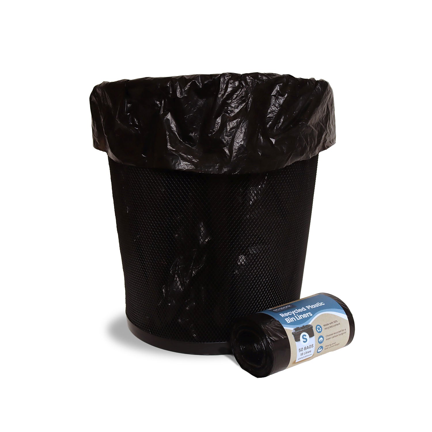 18L black recycled bin liners roll next to an office bin