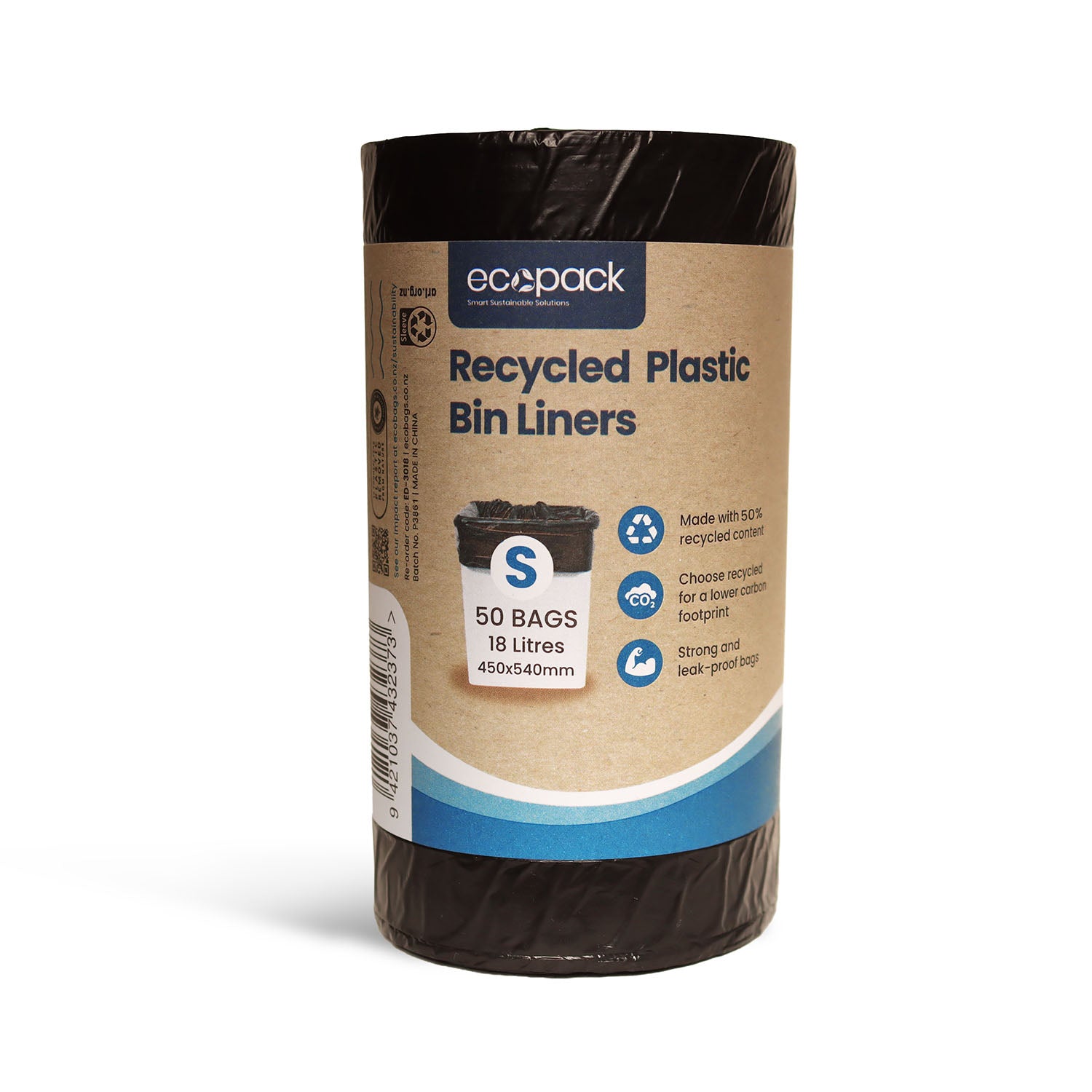 Vertical roll of 18L black recycled plastic bin liners by Ecopack