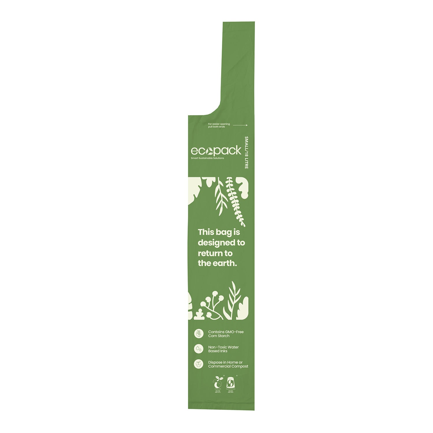 Ecopack 18L compostable bin liner with tie handle laid flat
