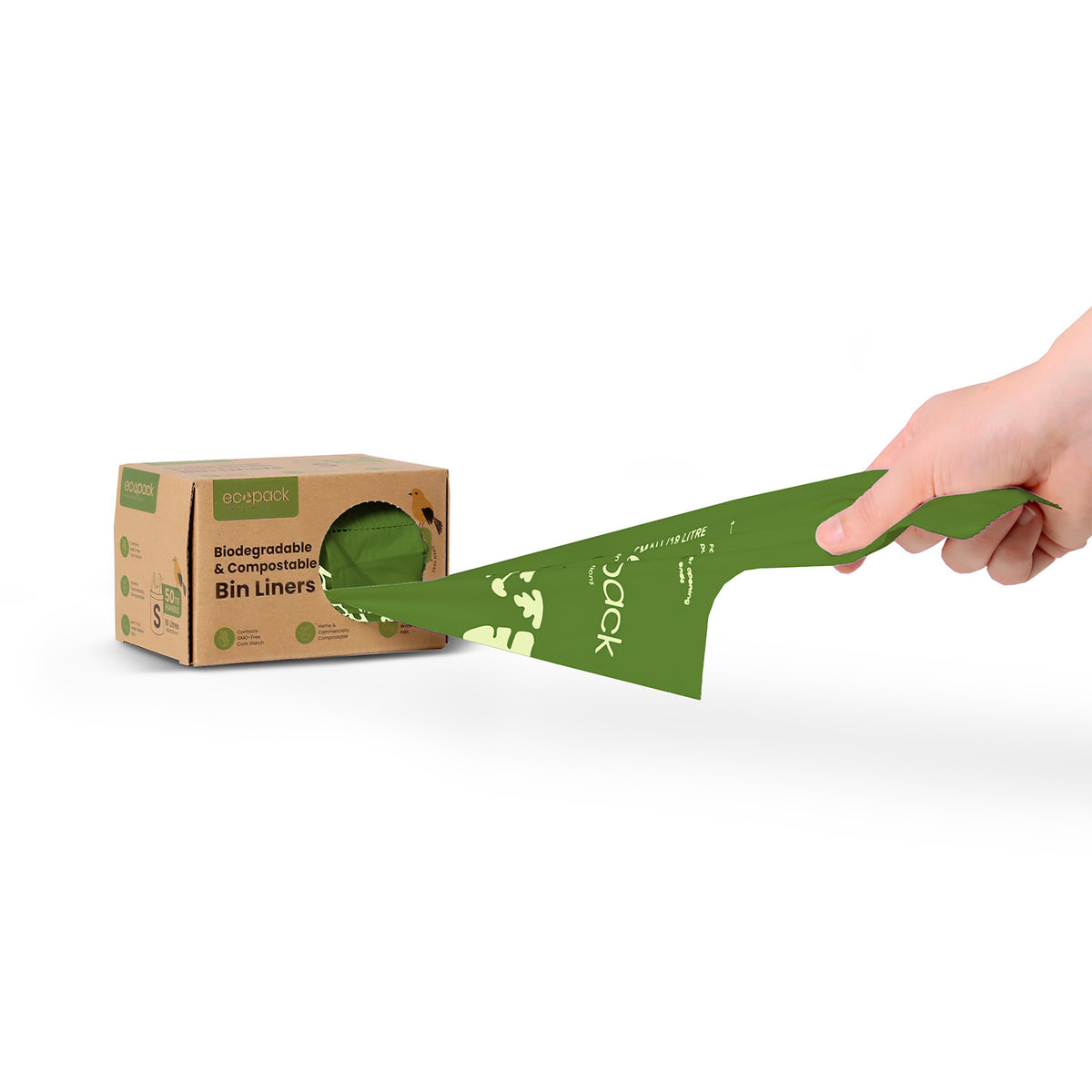 Pulling a bag from Ecopack 18L compostable bin liners with tie handle dispenser box