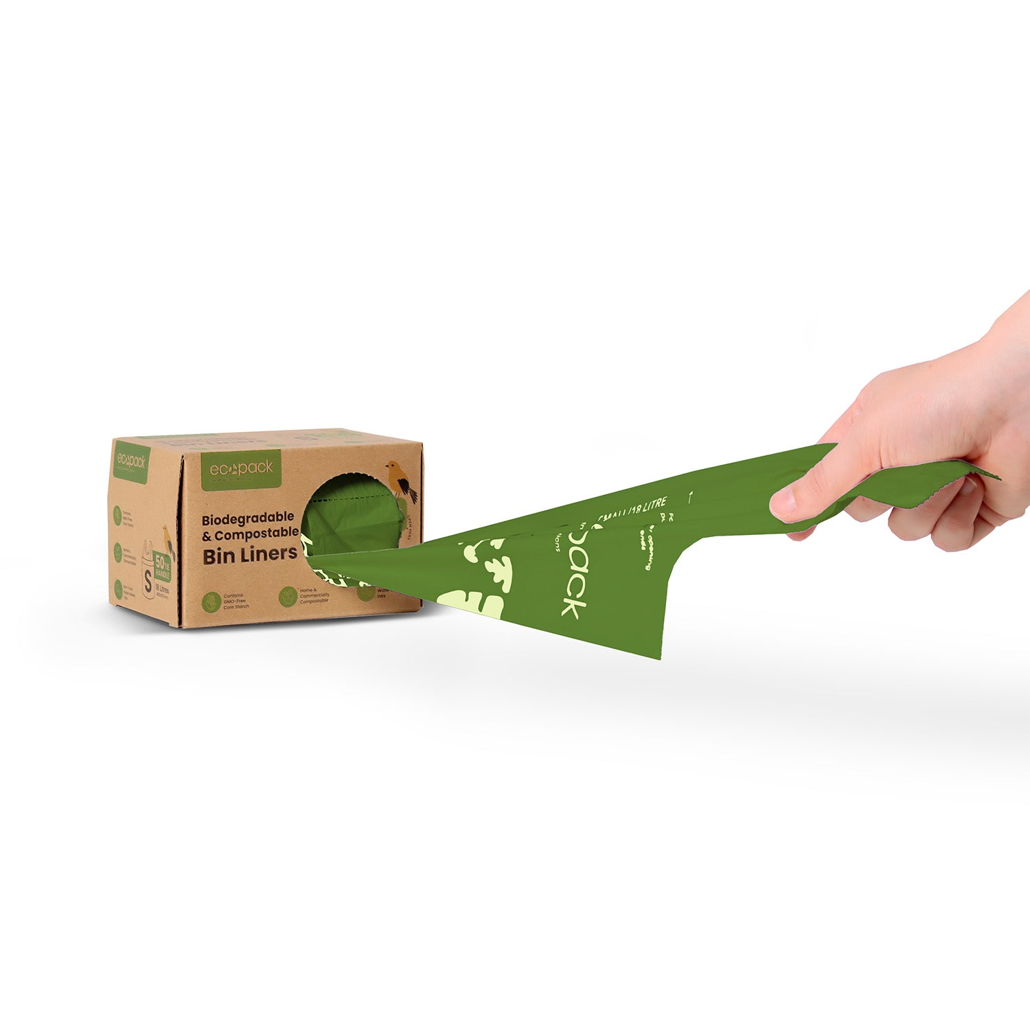 Pulling a bag from Ecopack 18L compostable bin liners with tie handle box