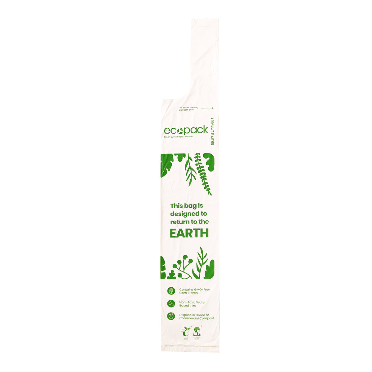 Ecopack 18L compostable bin liners with tie handle bag laid flat