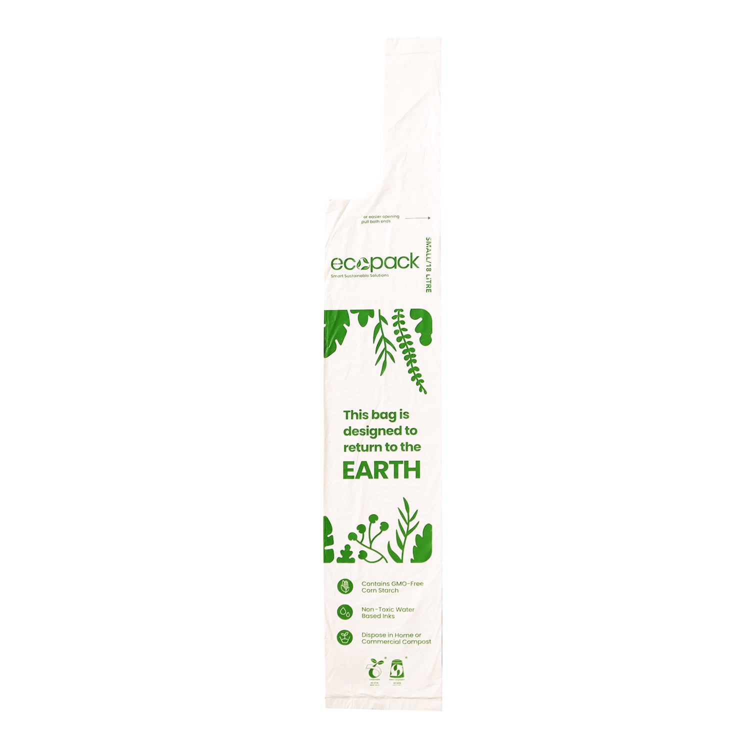 Ecopack 18L compostable bin liners with tie handle bag laid flat