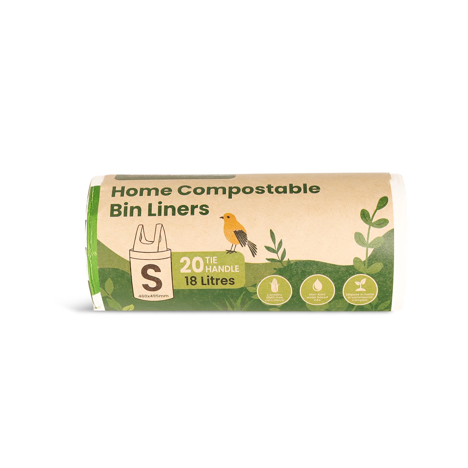 Ecopack 18L compostable bin liners with tie handle roll laid horizontally