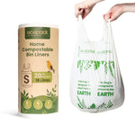 Ecopack 18L compostable bin liners with tie handle roll next to hands holding a bag