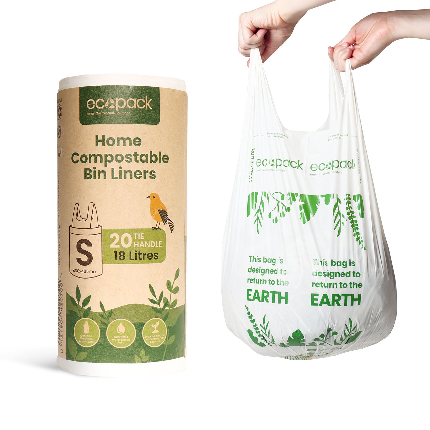 Ecopack 18L compostable bin liners with tie handle roll next to hands holding a bag