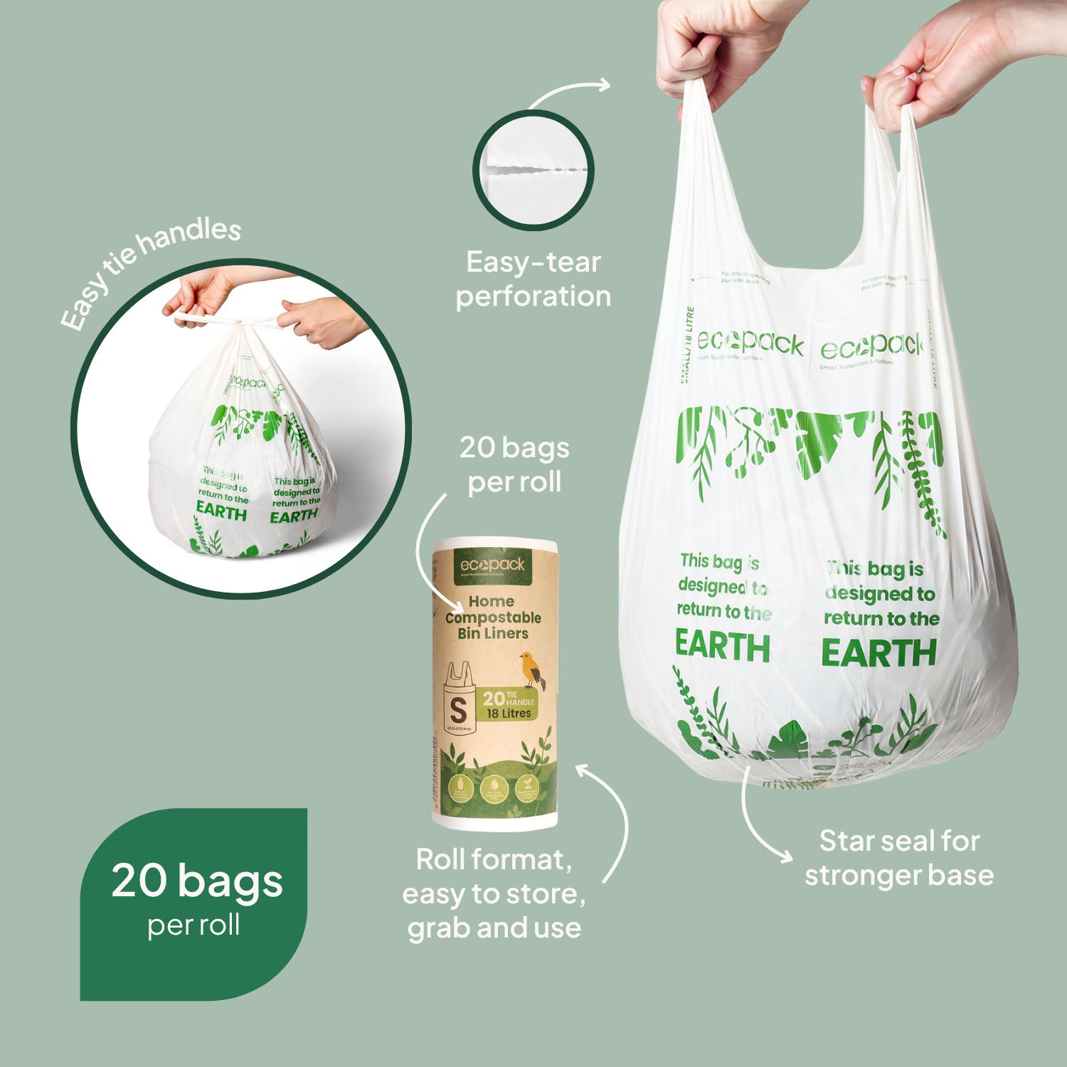 Ecopack 18L Compostable Bin Liners Roll Features