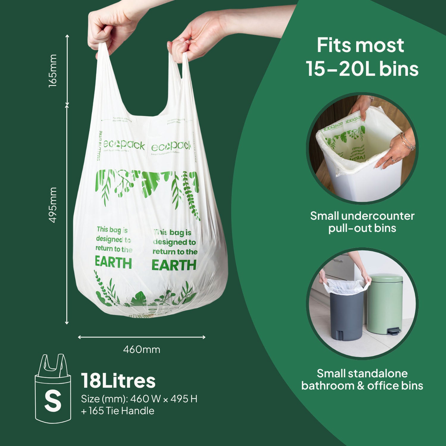 Ecopack 8L Compostable Bin Liners Roll Bag Size