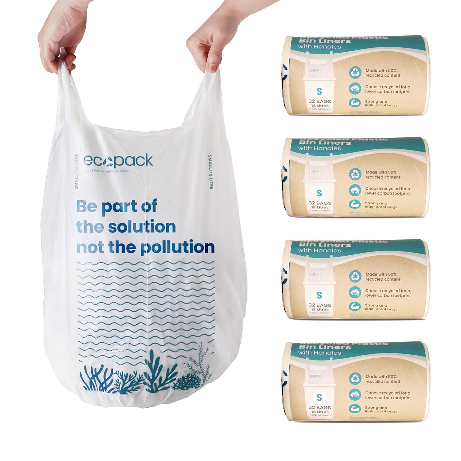 Ecopack 18L Small Recycled Plastic Bin Liners (4 Rolls/128 Bags)