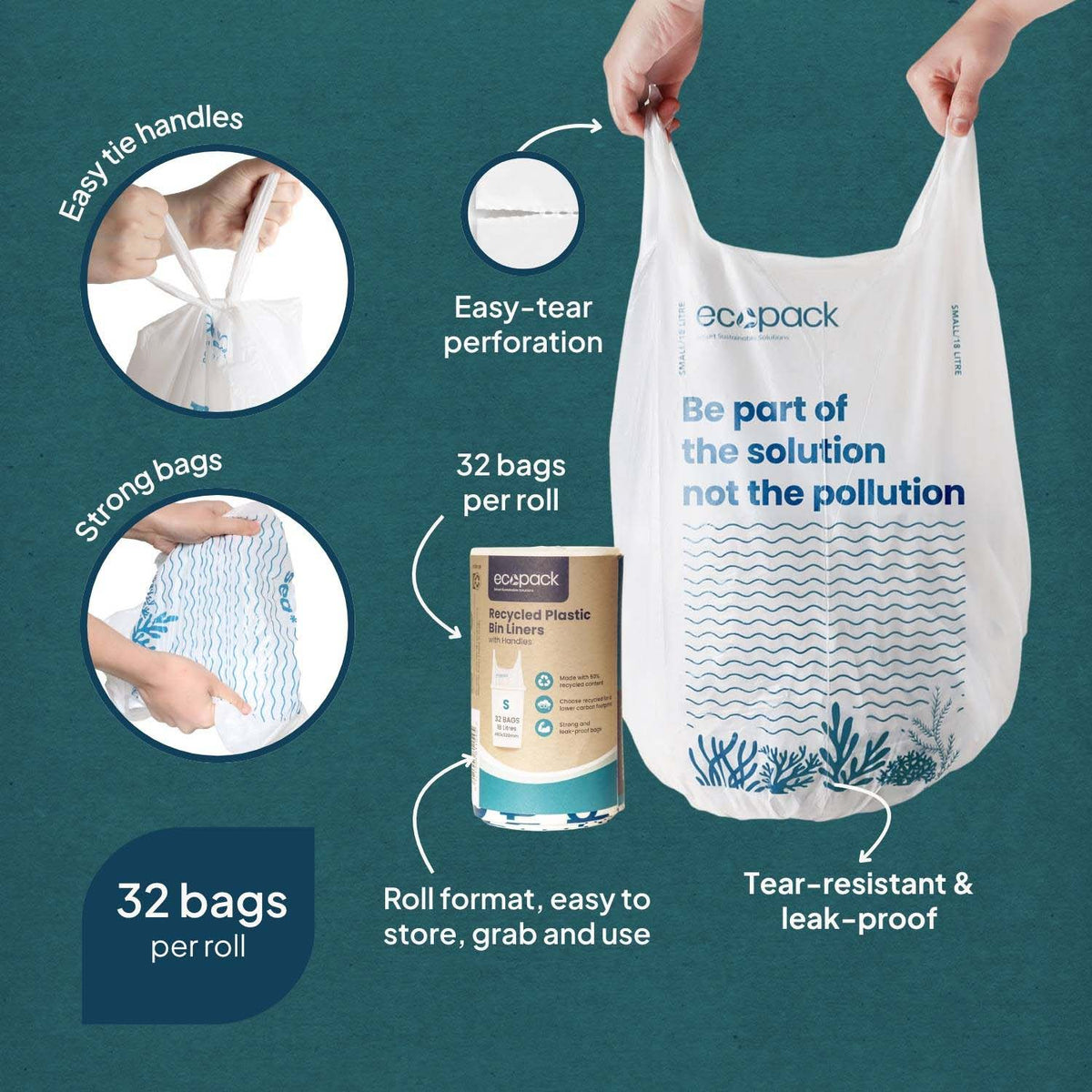 Ecopack 18L Recycled Pastic Bin Liners with Handle Features