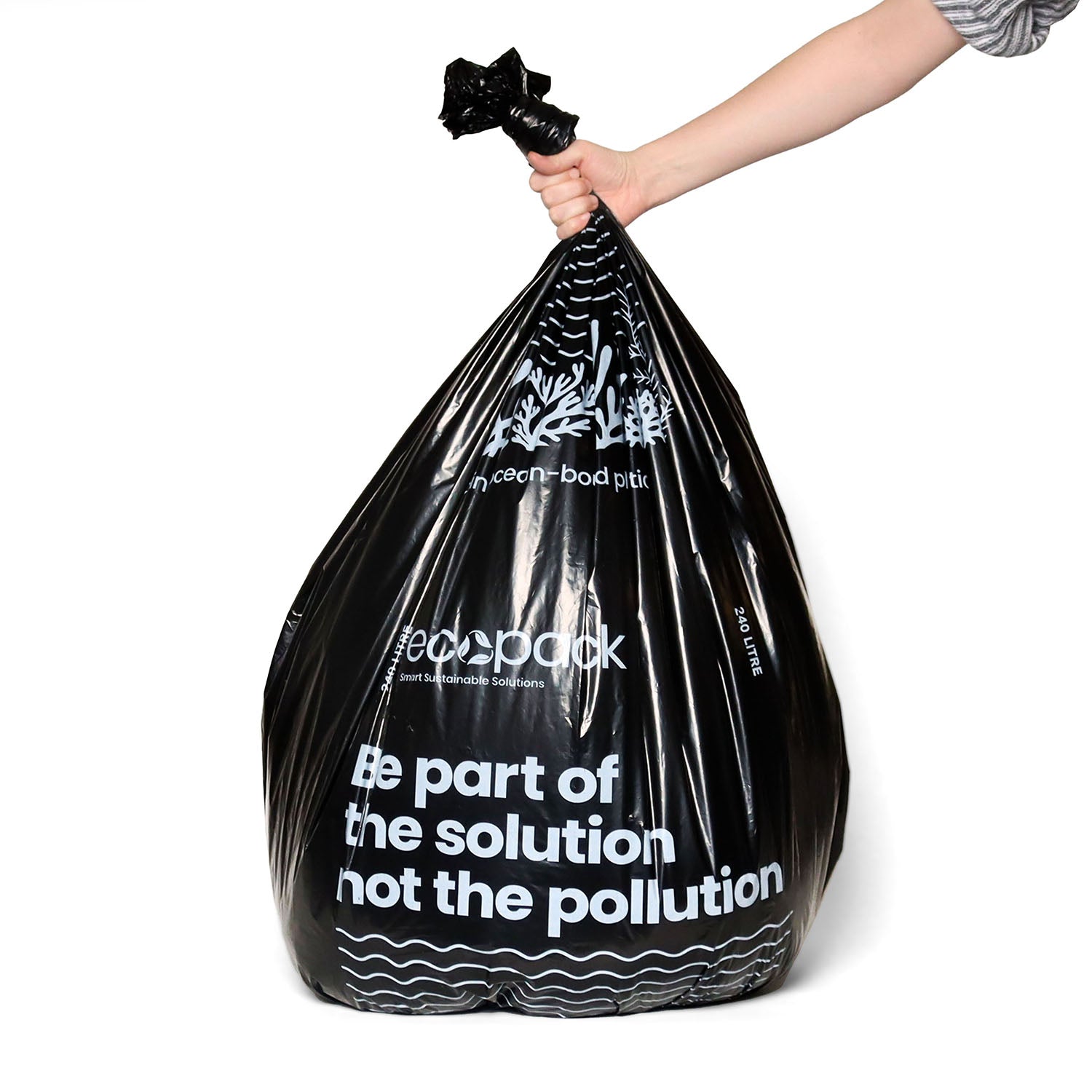Ecopack 240L recycled plastic wheelie bin liner, black, held in hand