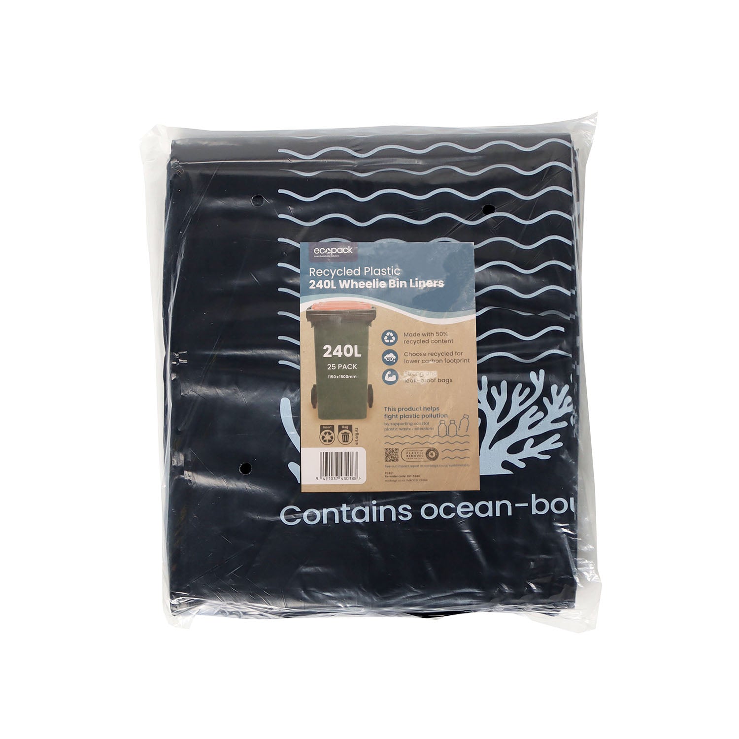 Ecopack 240L black recycled plastic bin liners pack
