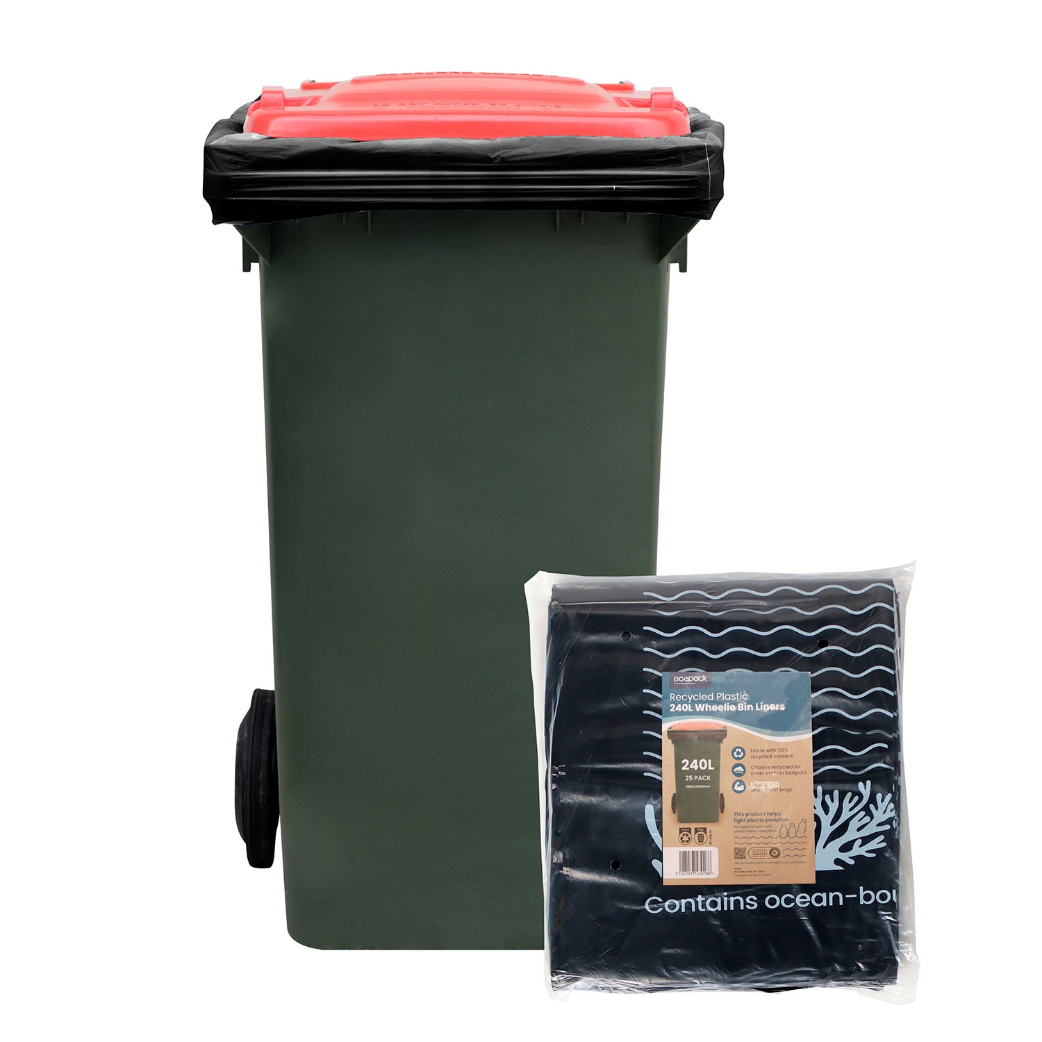 Ecopack 240L black recycled plastic bin liners inside a wheelie bin with packaging