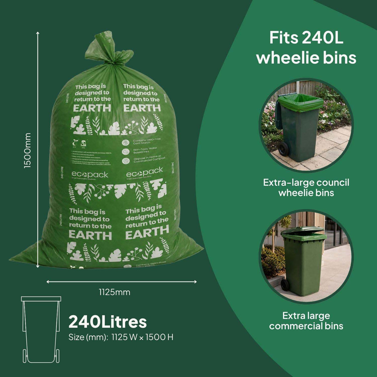 Ecopack 240L Compostable Wheelie Bin Liners Size