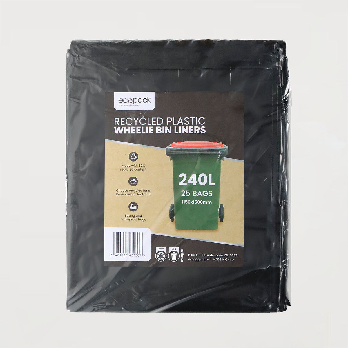 Ecopack 240L heavy-duty recycled plastic wheelie bin liners