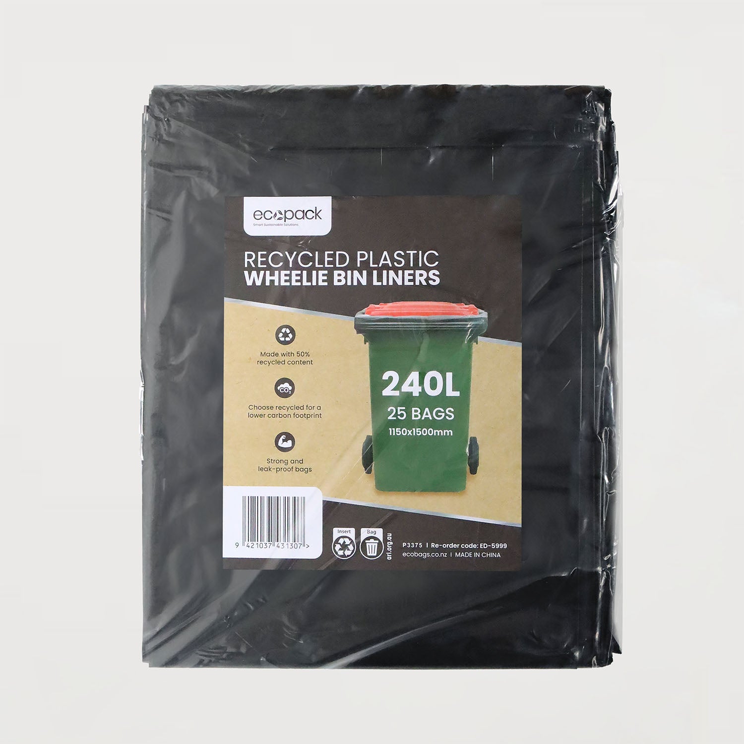 Ecopack 240L heavy-duty recycled plastic wheelie bin liners