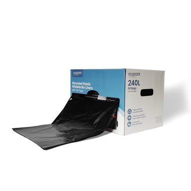 Ecopack 240L Recycled Plastic Wheelie Bin Liners with Tie Tape Dispenser Box Side View