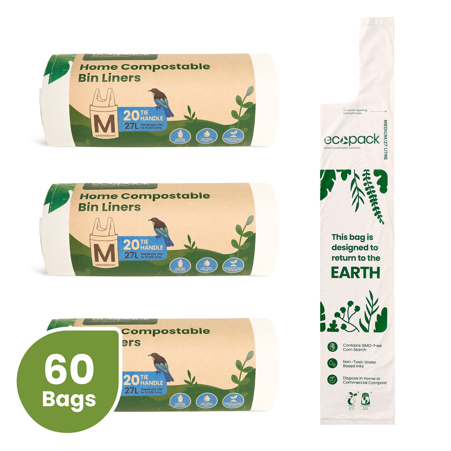 Three rolls of Ecopack 27L home compostable bin liners with one liner shown flat (60 bags)