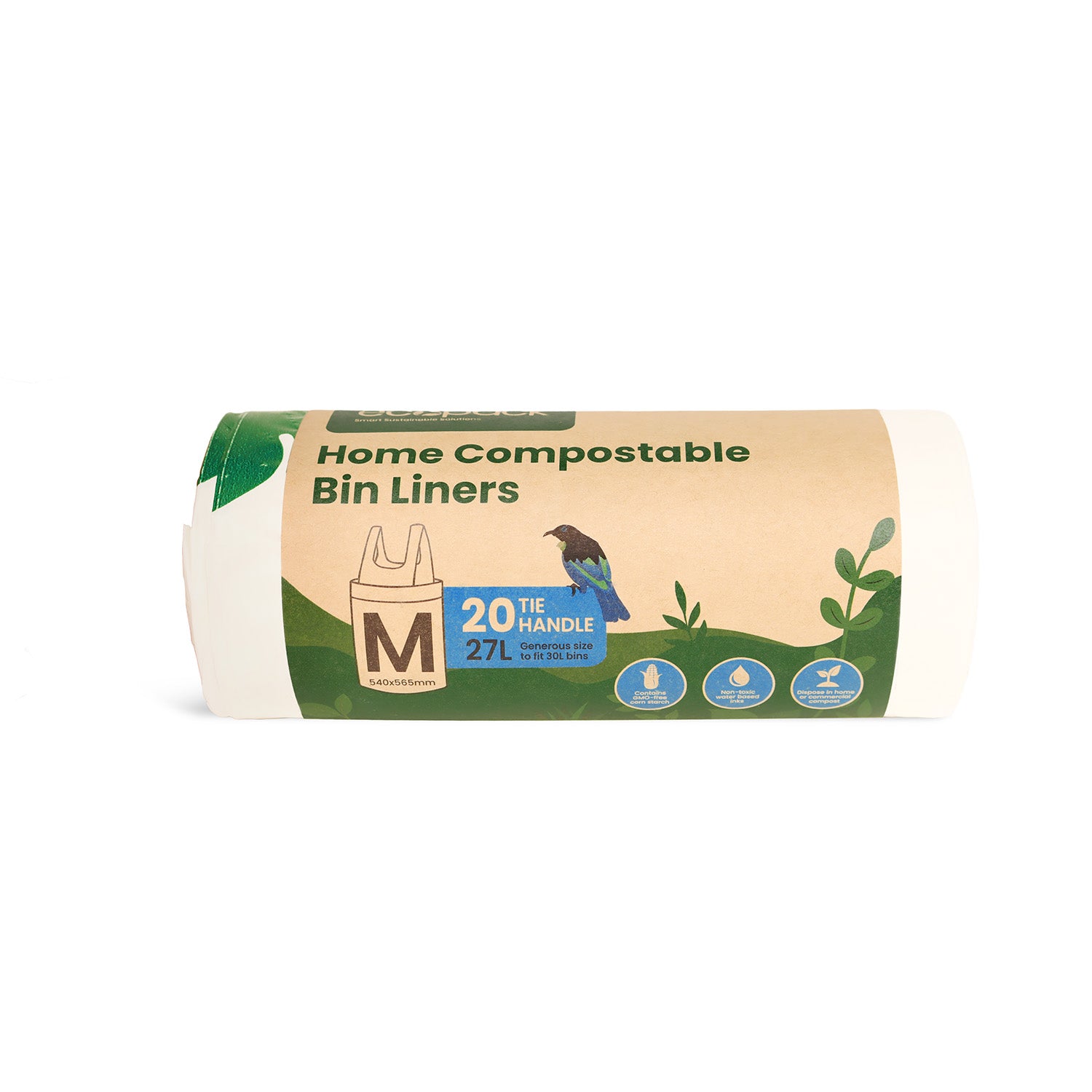 Ecopack 27L compostable bin liners roll laid horizontally on a clean background