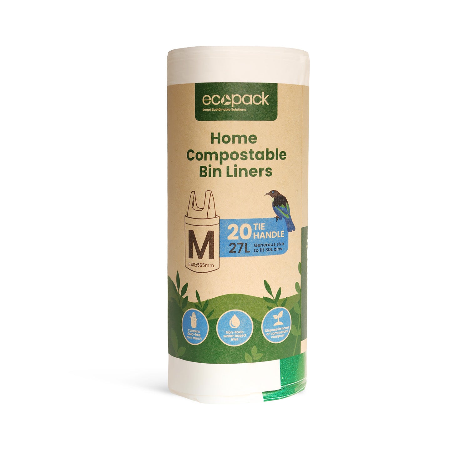 Ecopack 27L compostable bin liners roll standing vertically