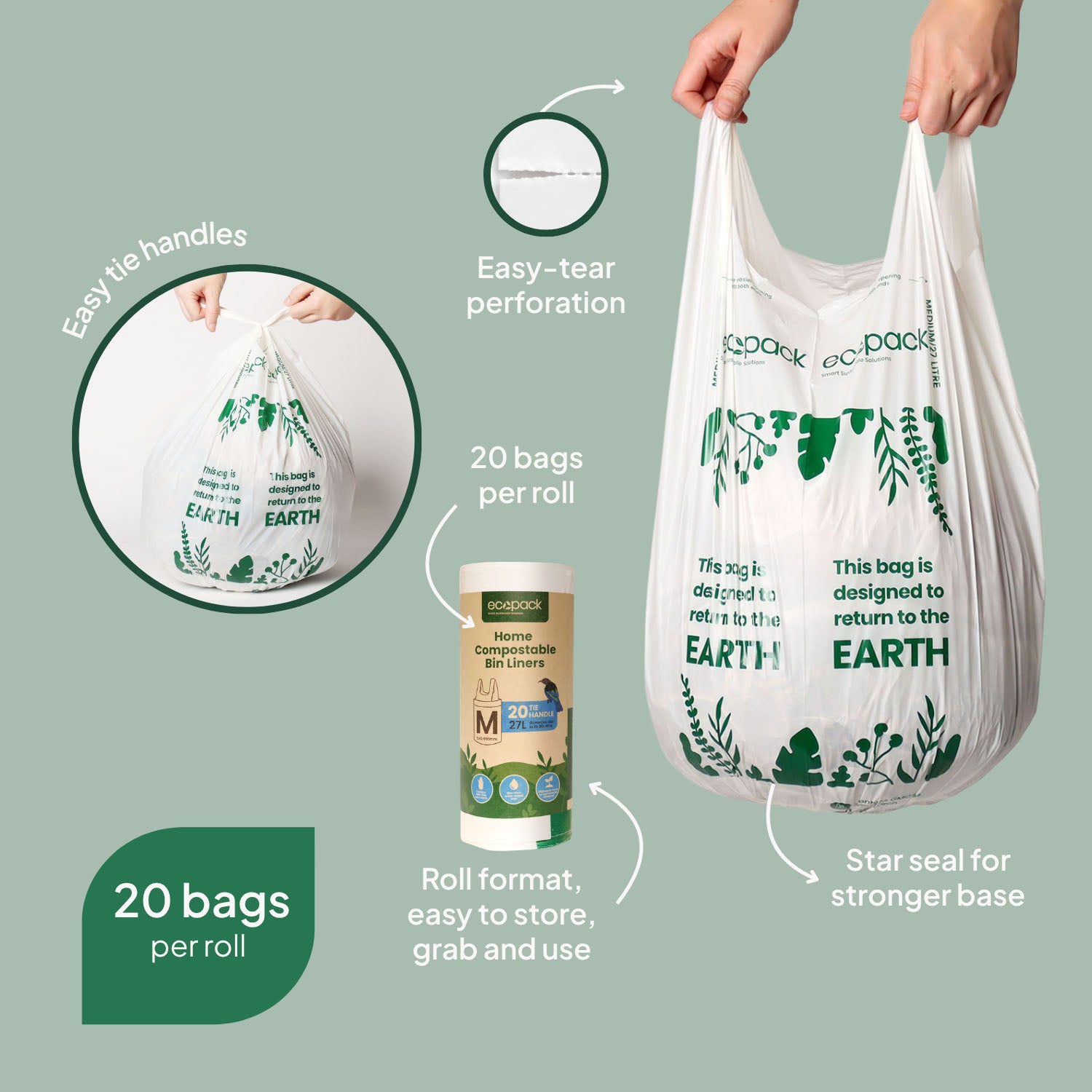 Ecopack 27L Compostable Bin Liners Roll Features
