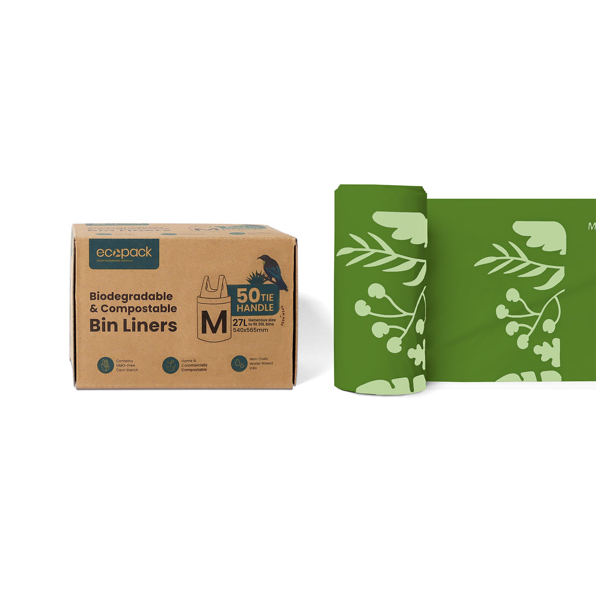 Ecopack compostable green bin liners with tie handle box dispenser next to a bin liner roll