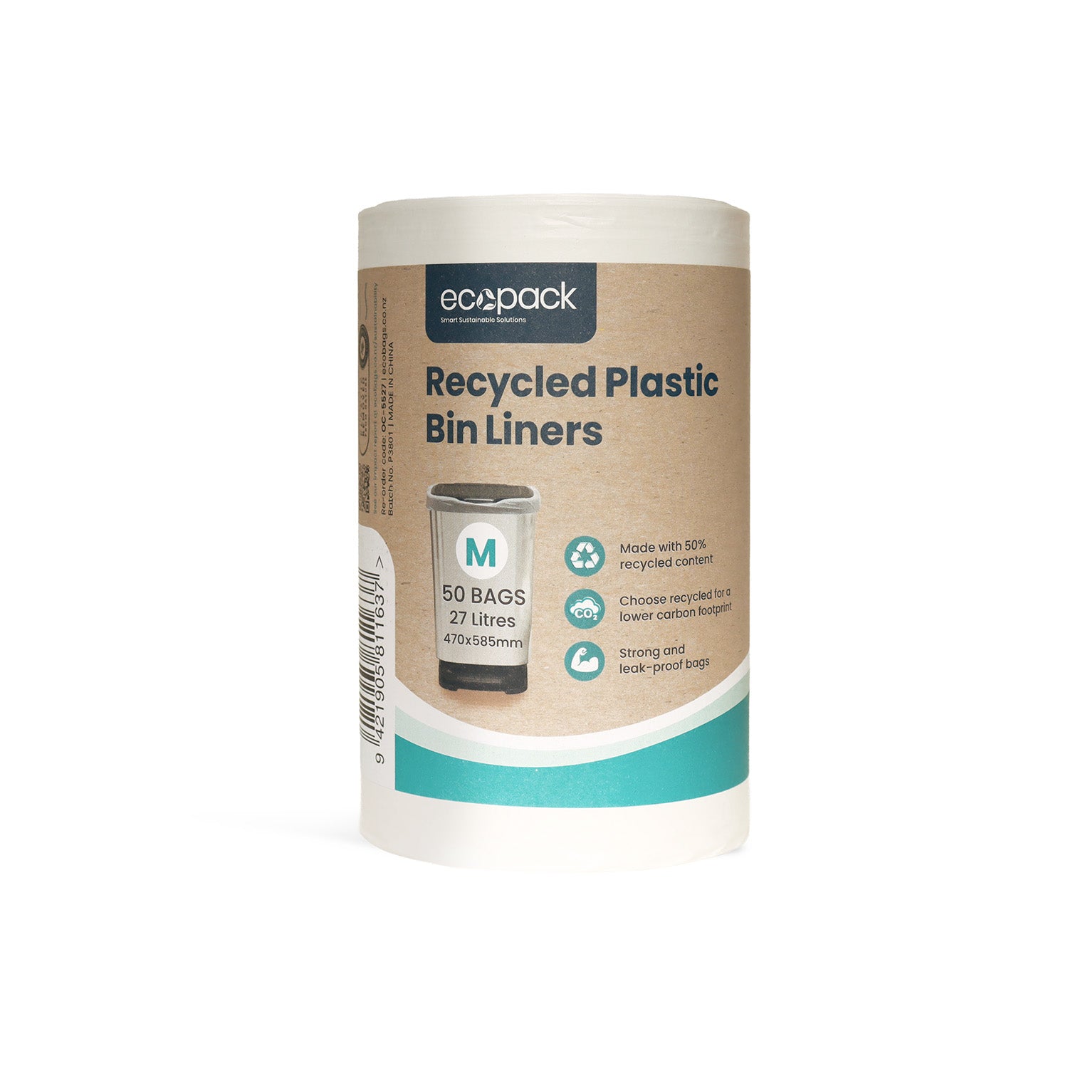 Ecopack 27L Medium Recycled Plastic Bin Liners (1 Roll/50 Bags)