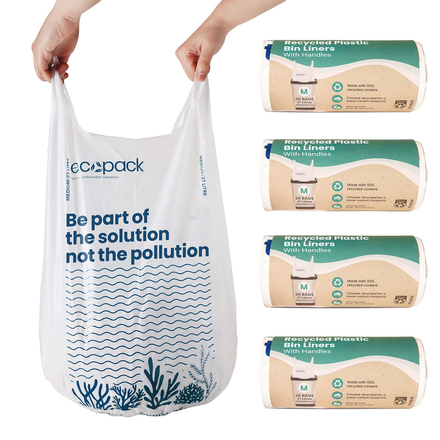 Ecopack 27L Medium Recycled Plastic Bin Liners (4 Rolls/104 Bags)
