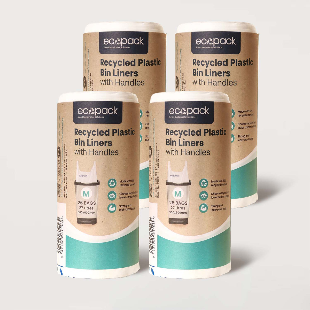 Ecopack 27L Medium Recycled Plastic Bin Liners with Tie Handle 4 Rolls Bundle
