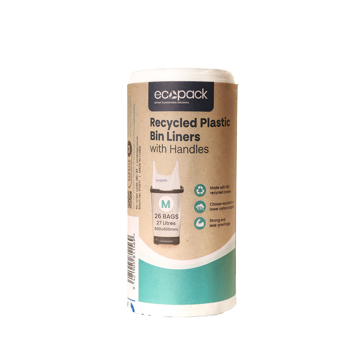 Ecopack 27L Recycled Plastic Bin Liners with Handles Roll