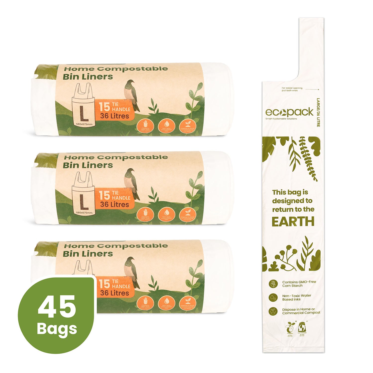 3 Rolls of Ecopack 36L large compostable bin liners next to a bag laid flat