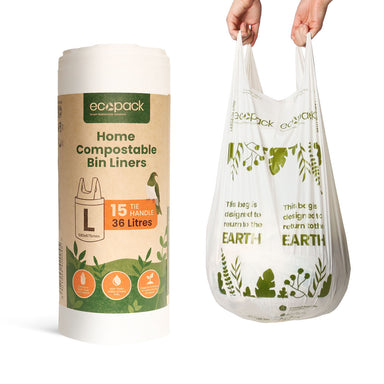 Ecopack 36L Large Compostable Bin Liners Roll next to a bag