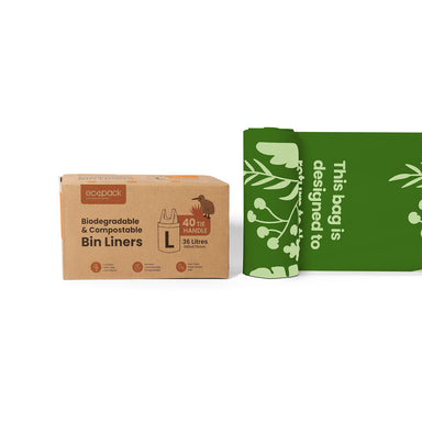 Ecopack 36L compostable bin liners with tie handle box next to a bag roll