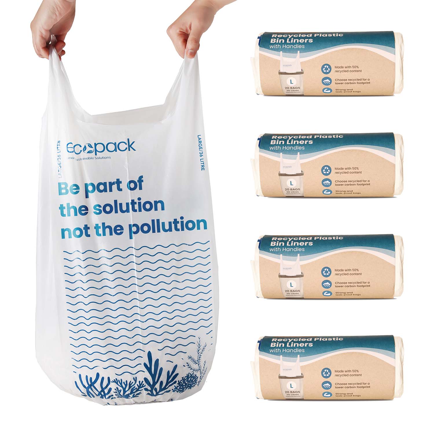 Ecopack 36L Large Recycled Plastic Bin Liners (4 Rolls/80 Bags)
