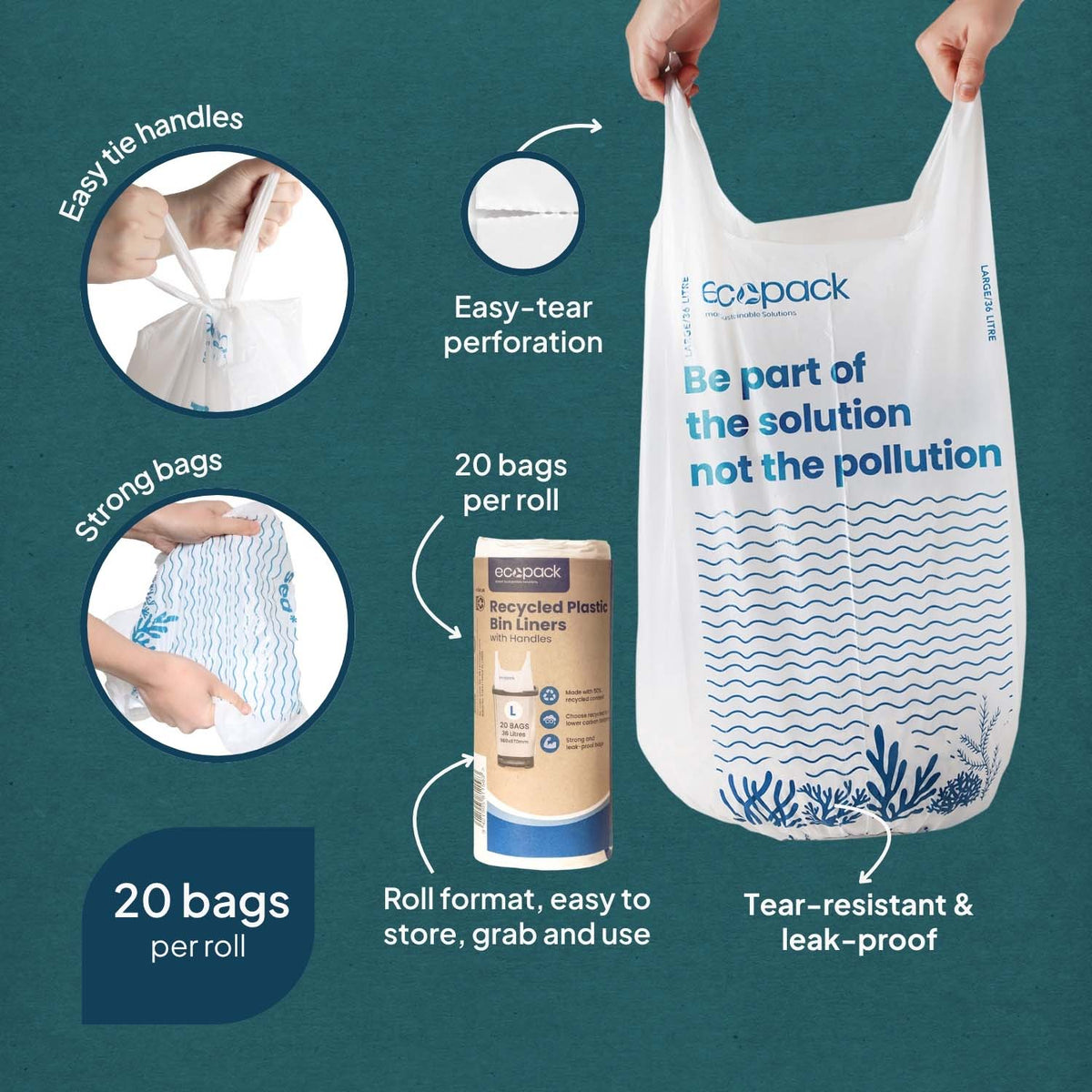 Ecopack 36L Recycled Plastic Bin Liners with Handle Features
