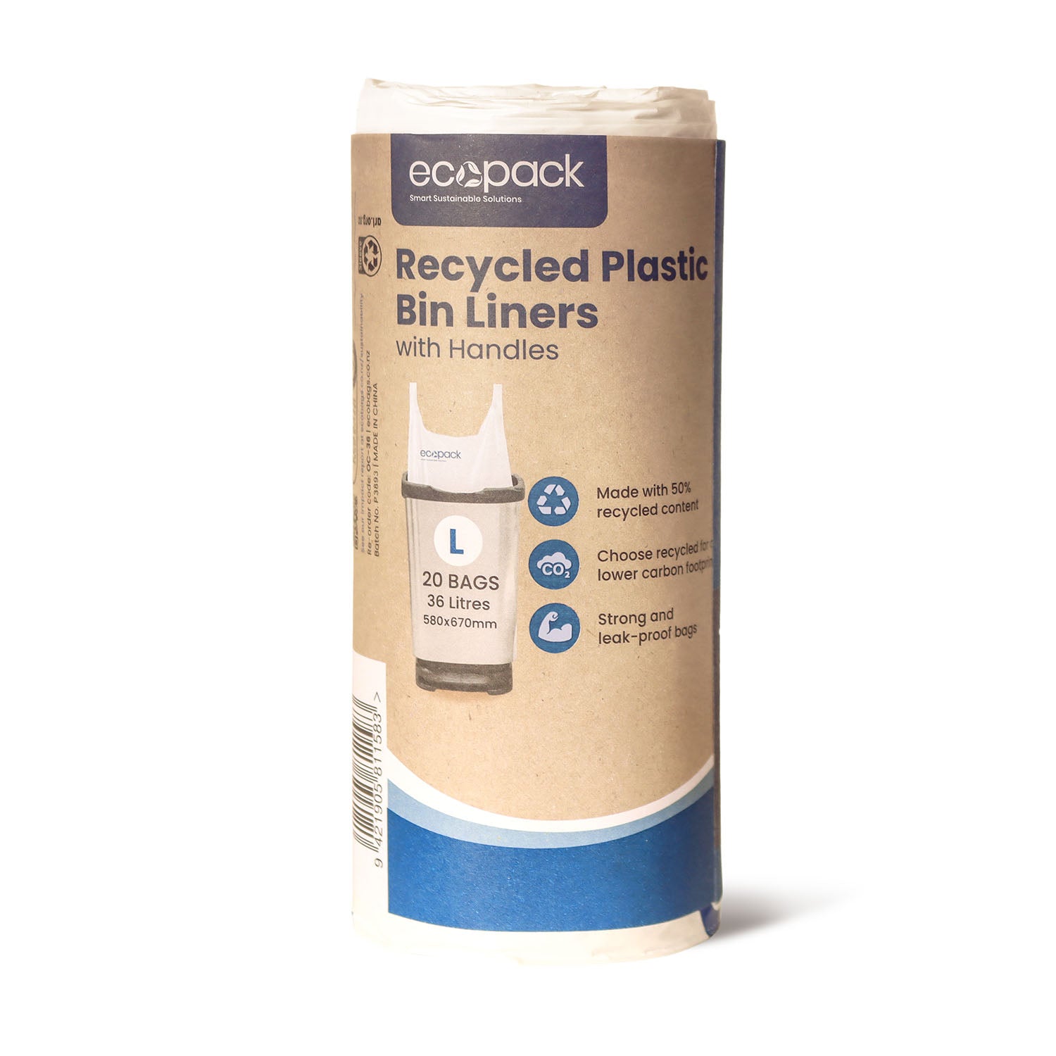 Ecopack 36L Large Recycled Plastic Bin Liners (1 Roll/20 Bags)