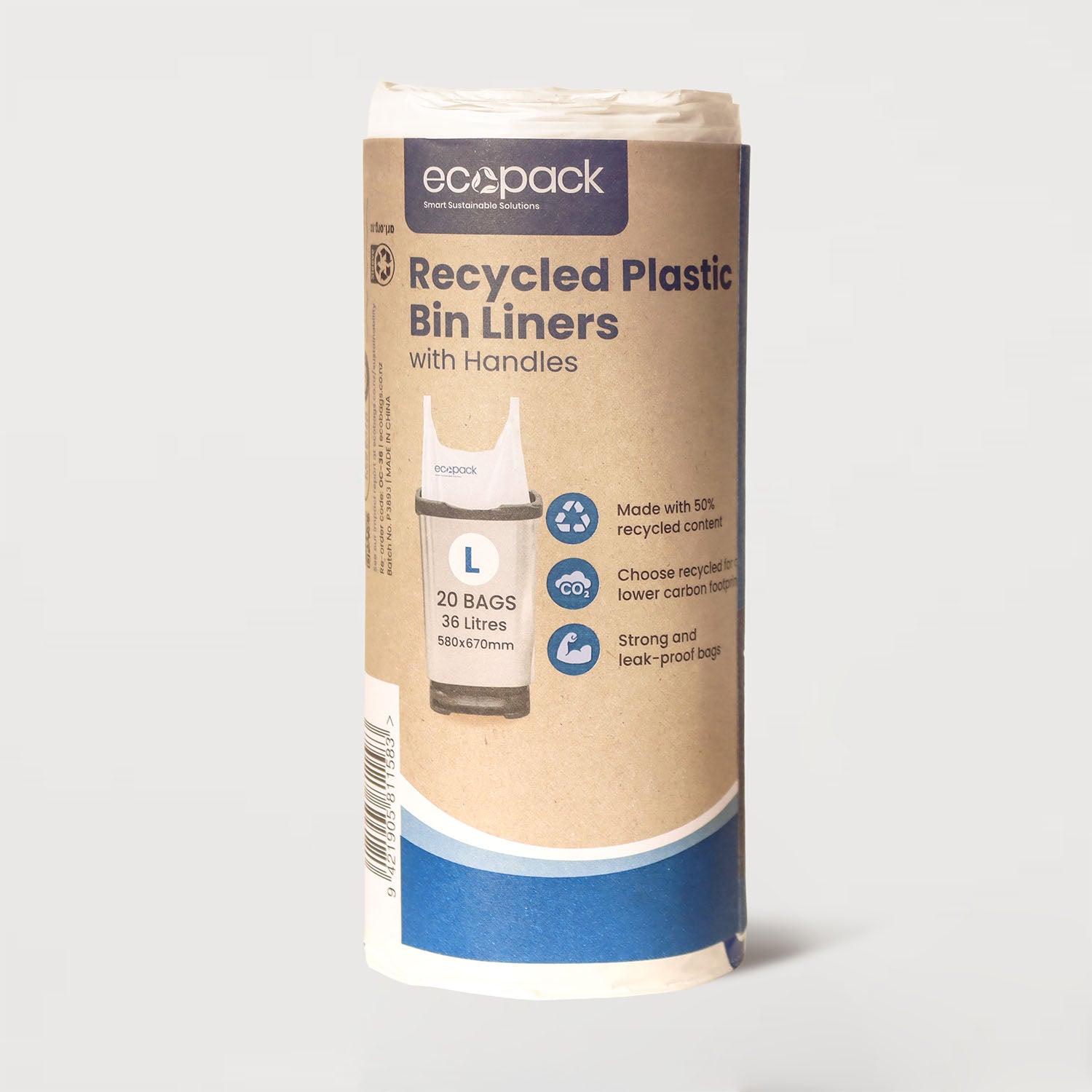 Ecopack 36L Large Recycled Plastic Bin Liners with Tie Handles