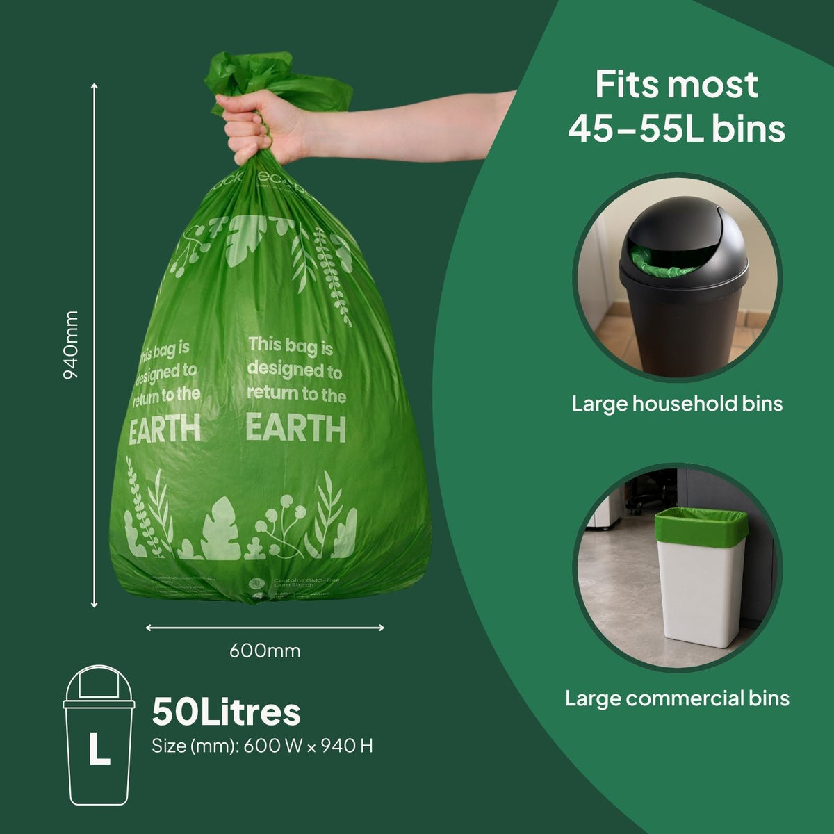 Ecopack 50L Compostable Bin Liners Roll Bag Size