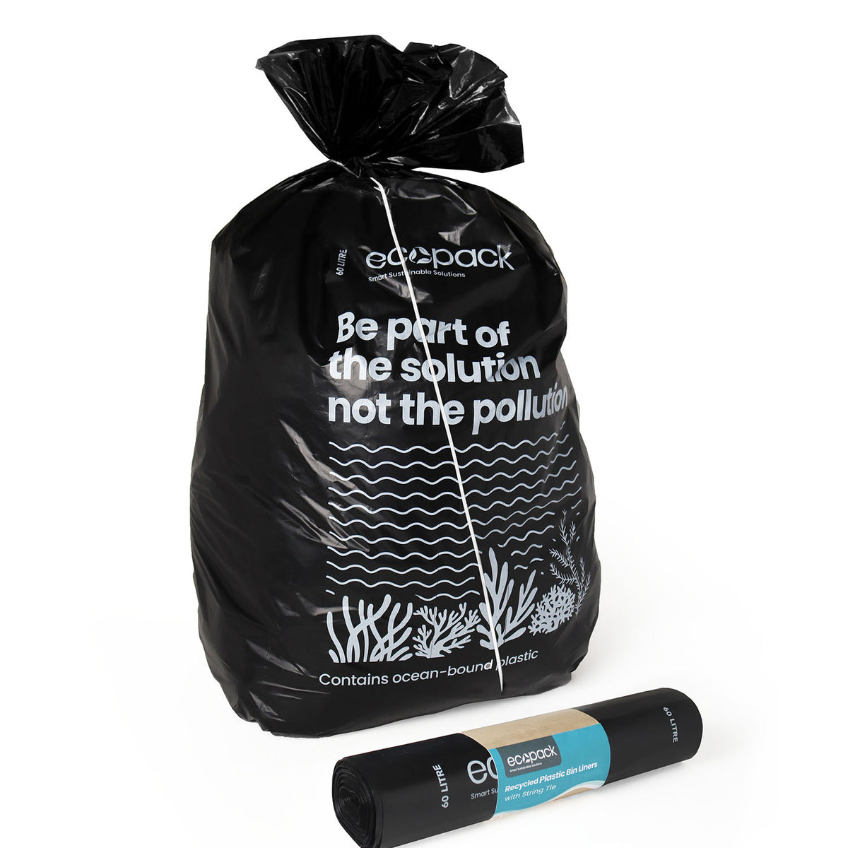 Ecopack 60L Recycled Plastic Bin Liners with String Tie Roll next to Bag
