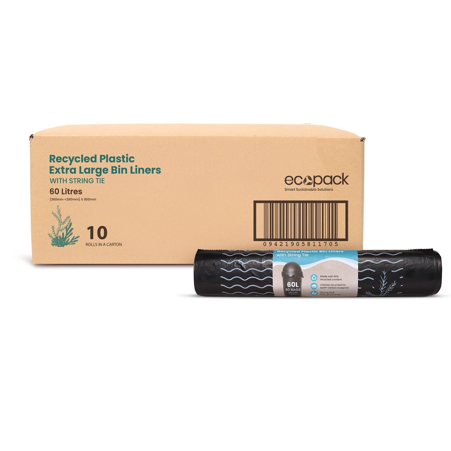 Ecopack 60L Recycled Plastic Bin Liners with String Tie Roll and Carton