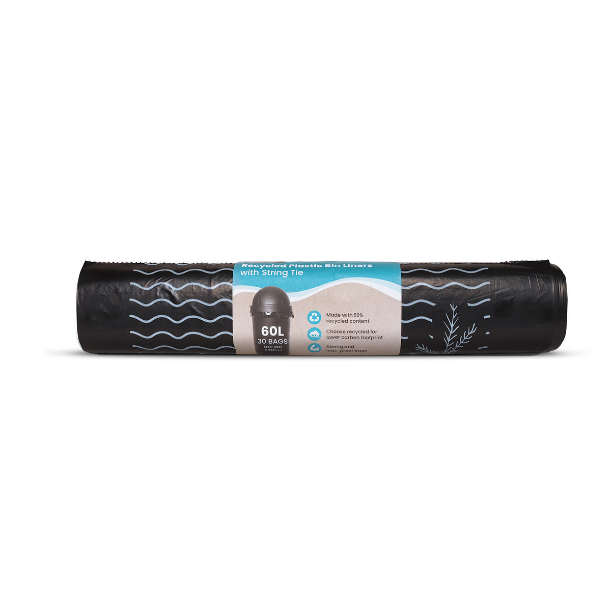 Ecopack 60L Recycled Plastic Bin Liners with String Tie Roll