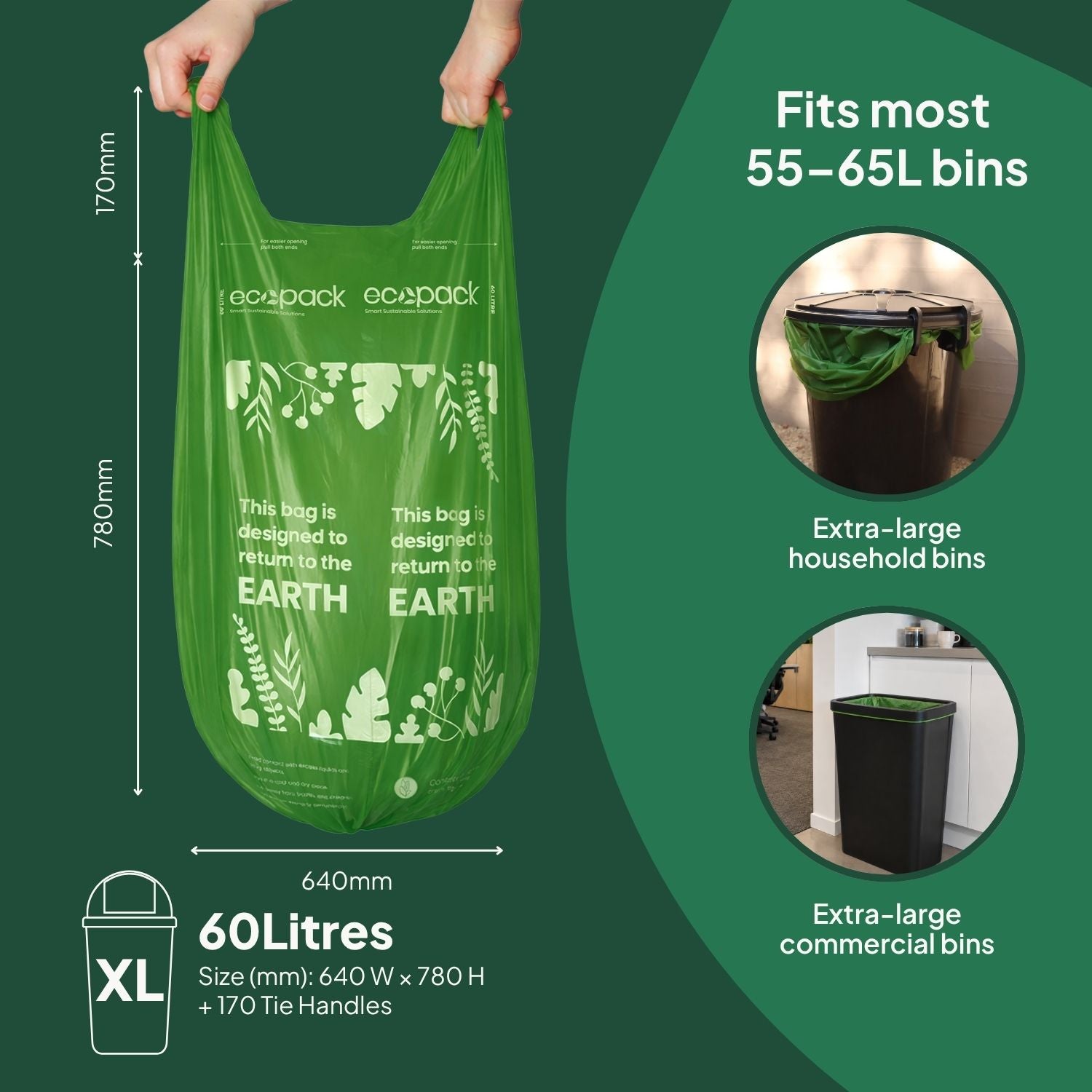 Ecopack 60L Compostable Bin Liners Roll Bag Size