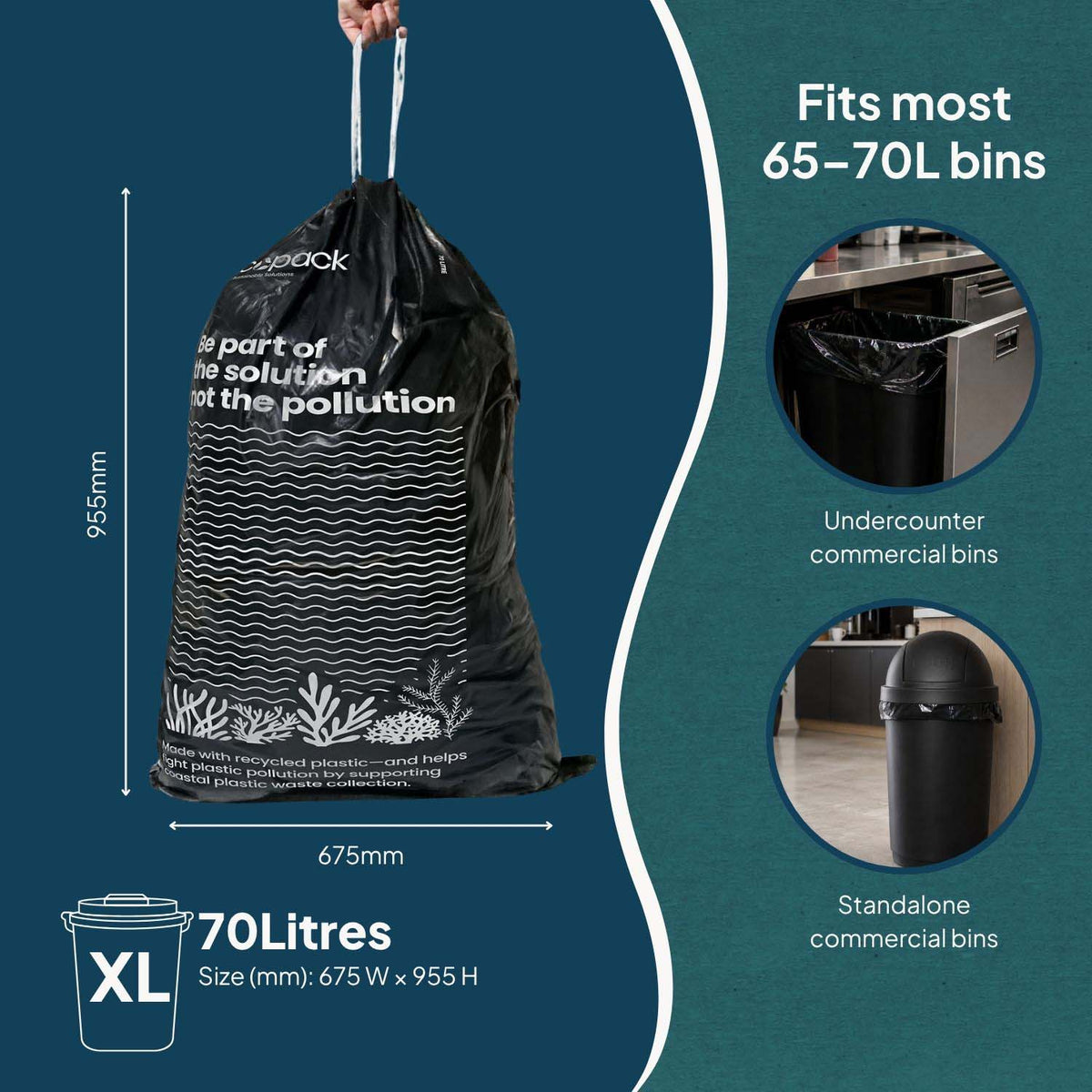 Ecopack 70L XL Recycled Plastic Drawstring Garbage Bags Size