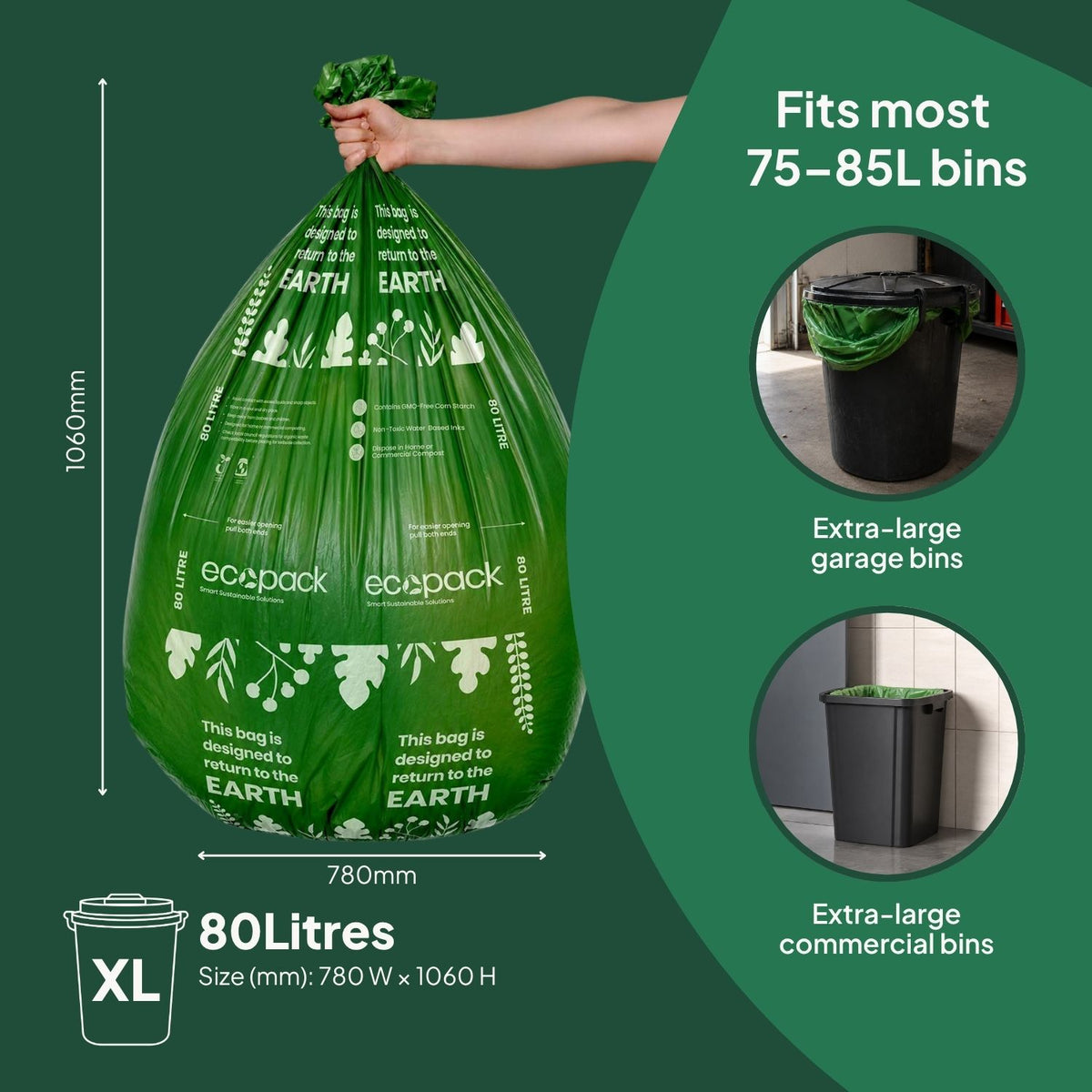 Ecopack 80L Compostable Bin Liners Roll Bag Size
