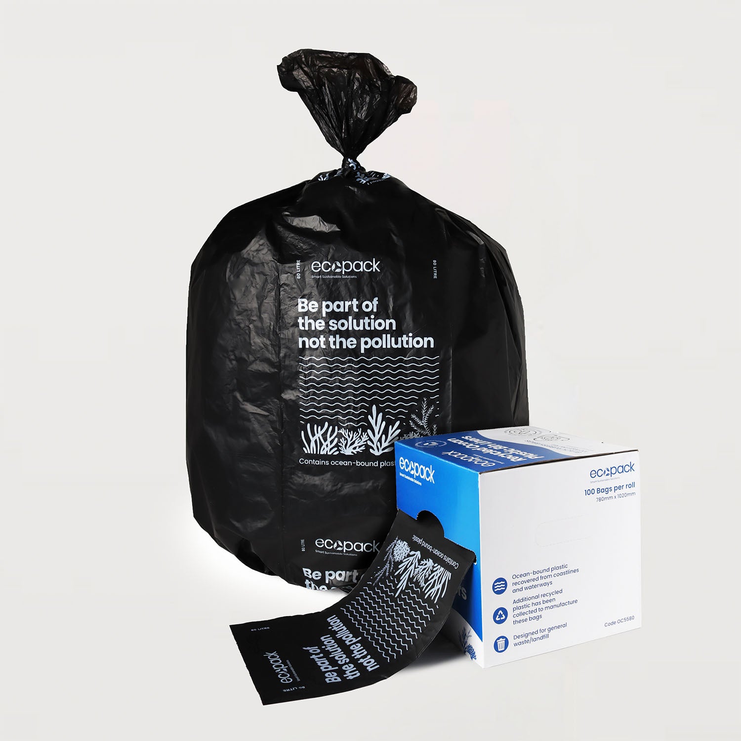 80L heavy-duty recycled plastic bin liners in a dispenser box next to a bag